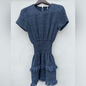 Maje Dress Womens Size 2 Blue Rabata Tweed Short Sleeve Smock Waist Fringe Mini